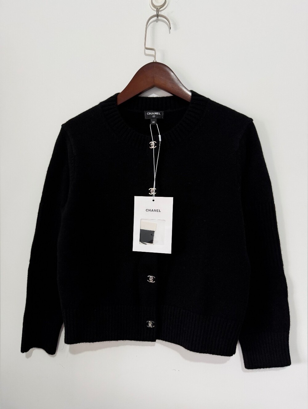 CHANEL Black Cropped Crewneck Cardigan with Logo Buttons